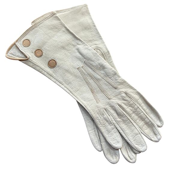Ladies leather day or driving gloves wrist length 1920s cream & tan trim detail - Picture 8 of 8